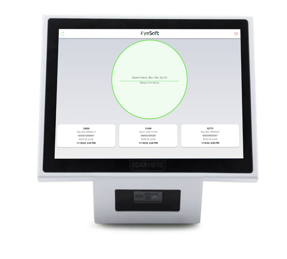 EyeSoft Server hub with touchscreen and QR scanner